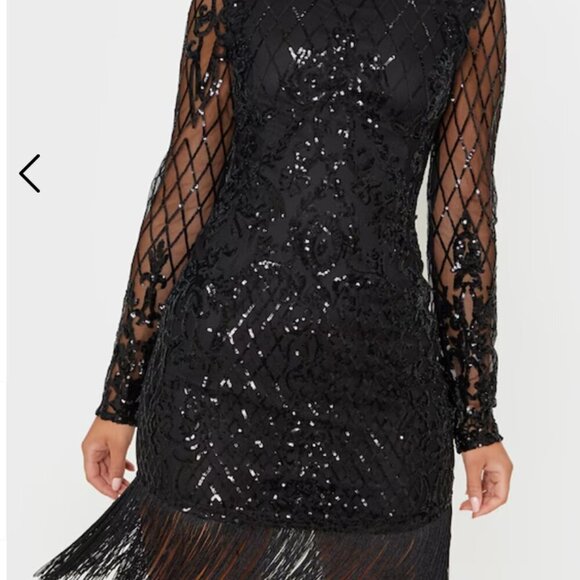 PrettyLittleThing Black Bodycon Long Sleeve Dress Sheer Sleeves Beaded - Picture 4 of 13